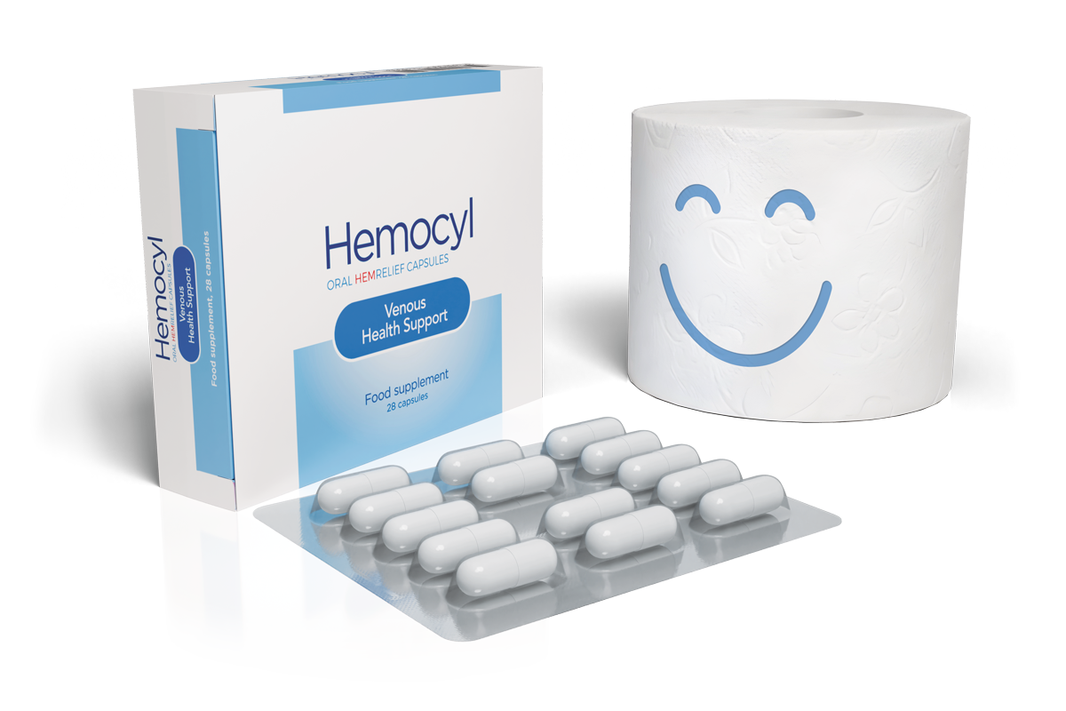 Hemocyl oral hemrelief capsules – pakiranje dodatka prehrani s kapsulama u blisteru, kutija proizvoda i simbolična rola papira, namijenjeno potpori venskom zdravlju.